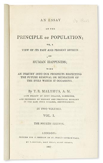 ECONOMICS  MALTHUS, THOMAS ROBERT.  An Essay on the Principle of Population . . . Fourth Edition.  2 vols.  1807